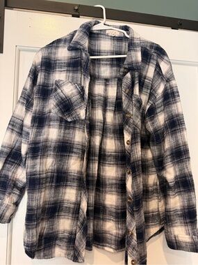 Womens Navy and White Plaid Flannel Shirt